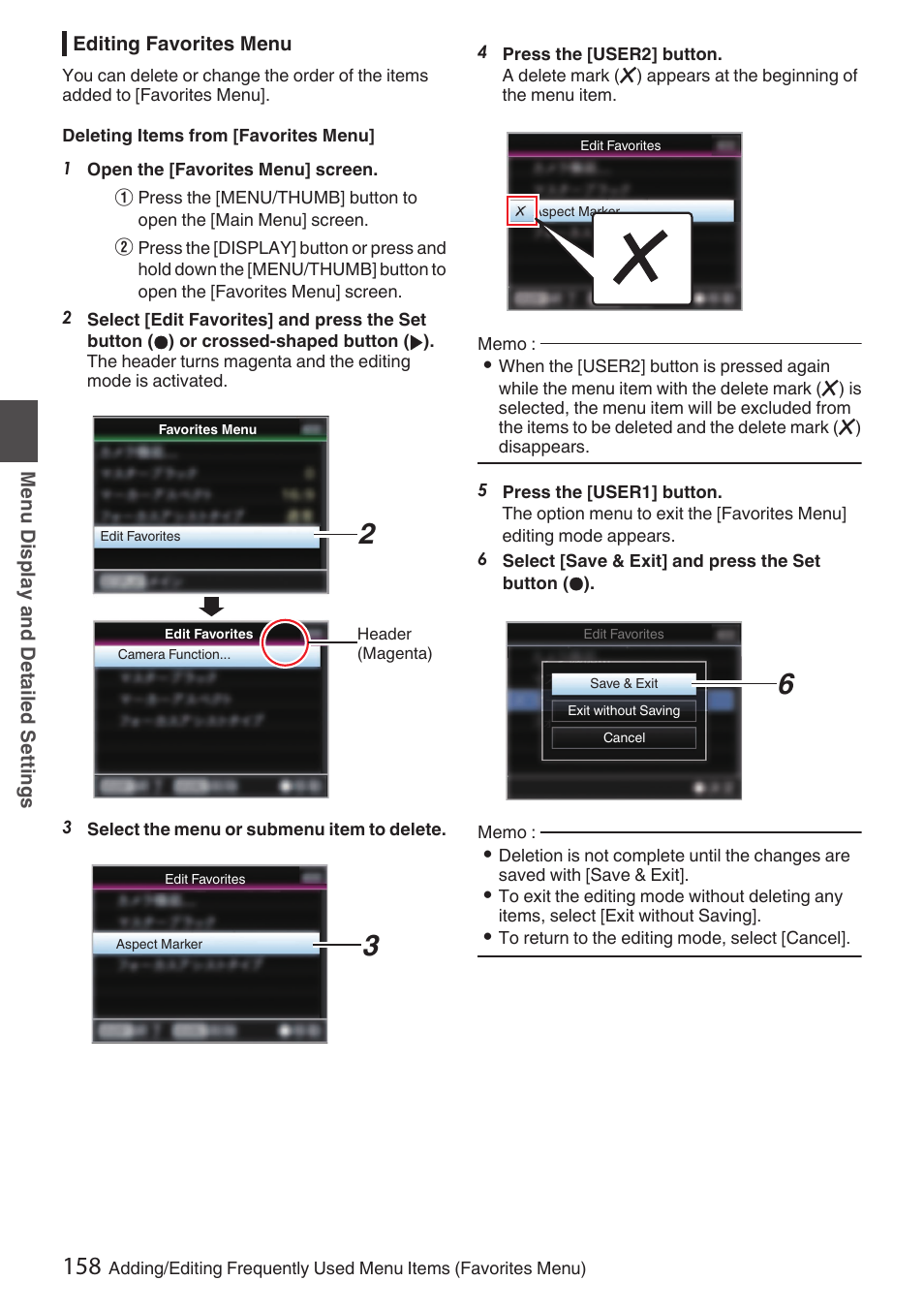 Editing favorites menu | JVC GY-HC900STU 2/3" HD Connected Cam Studio Camcorder (Body Only) User Manual | Page 158 / 236