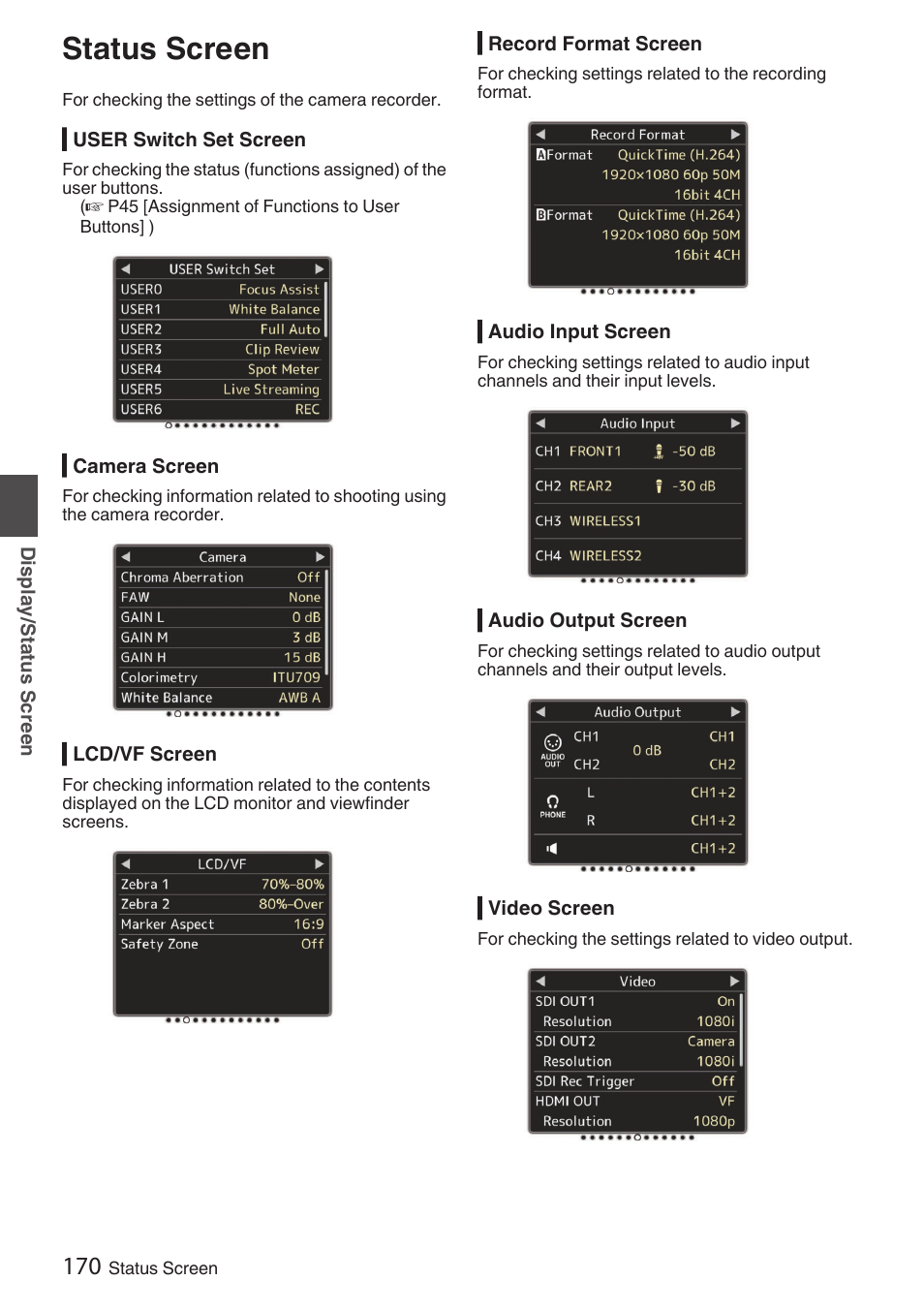 Status screen, User switch set screen, Camera screen | Lcd/vf screen, Record format screen, Audio input screen, Audio output screen, Video screen, Display/s ta tus s cr ee n | JVC GY-HC900STU 2/3" HD Connected Cam Studio Camcorder (Body Only) User Manual | Page 170 / 236