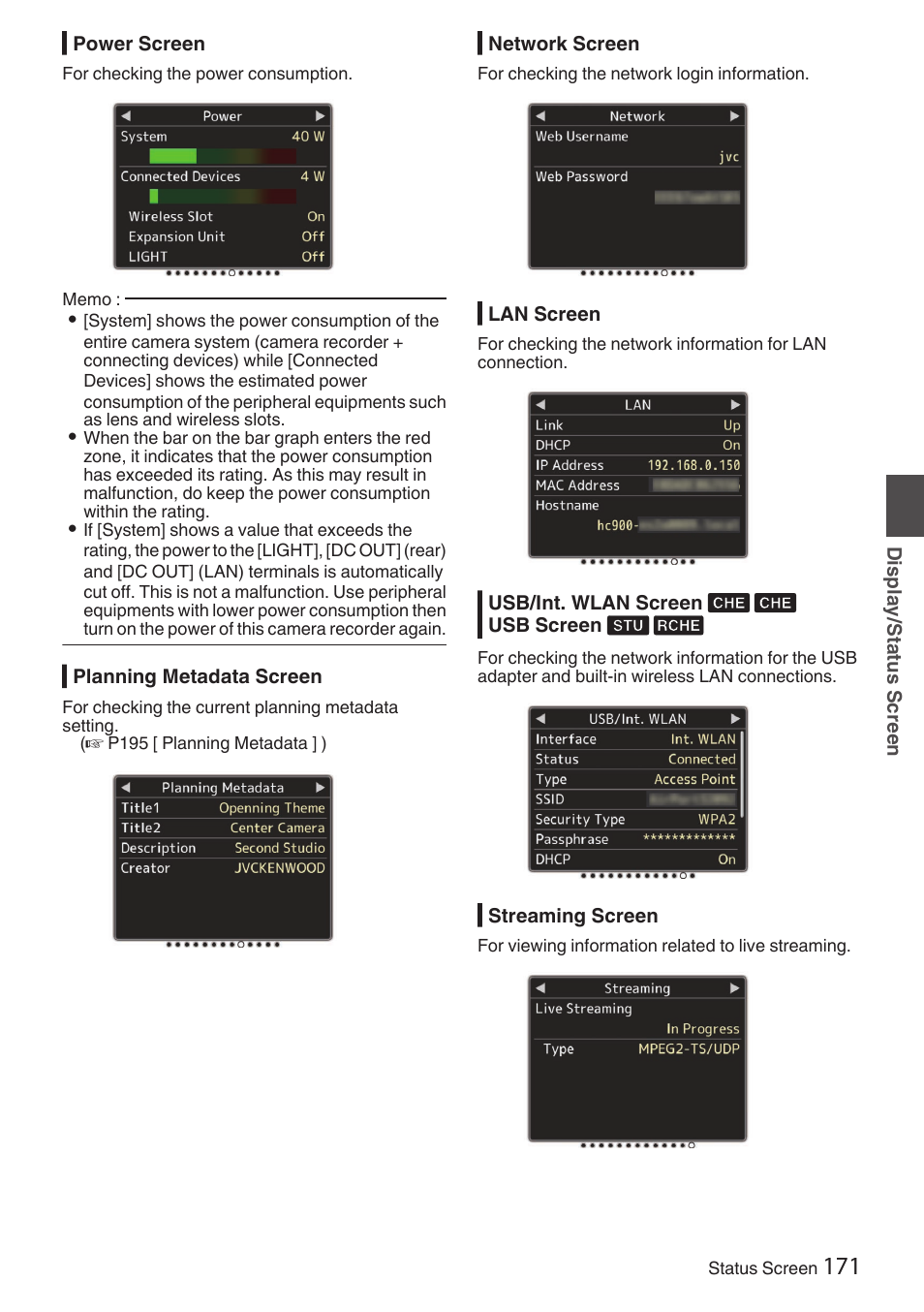 P171 [power screen] ) | JVC GY-HC900STU 2/3" HD Connected Cam Studio Camcorder (Body Only) User Manual | Page 171 / 236