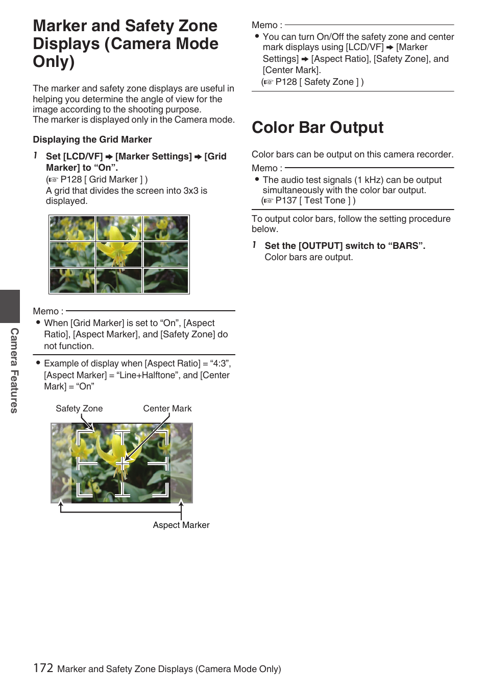 Camera features, Marker and safety zone displays (camera mode only), Color bar output | Marker and safety zone displays (camera mode, Only), P172 [marker and safety zone displays, Camera mode only)] ) | JVC GY-HC900STU 2/3" HD Connected Cam Studio Camcorder (Body Only) User Manual | Page 172 / 236