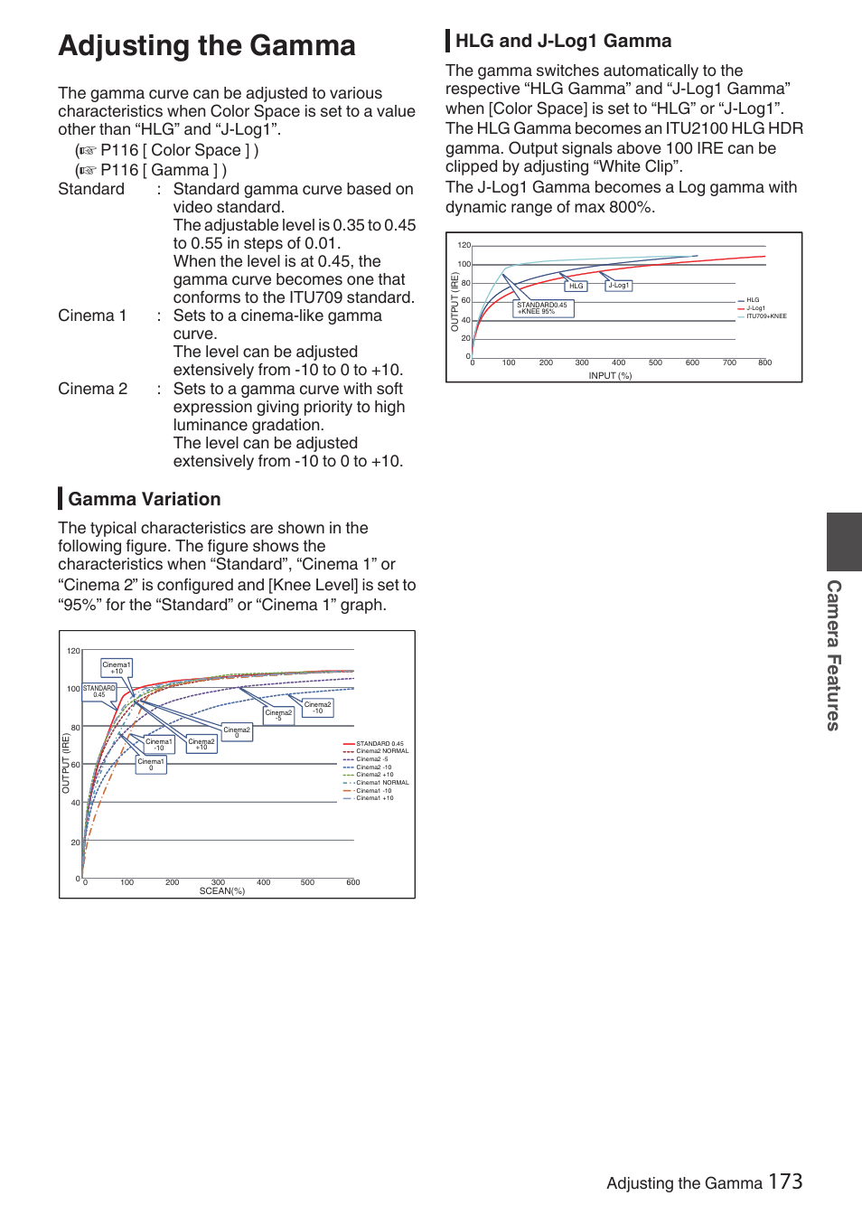 Adjusting the gamma, Gamma variation, Hlg and j-log1 gamma | Camera features | JVC GY-HC900STU 2/3" HD Connected Cam Studio Camcorder (Body Only) User Manual | Page 173 / 236