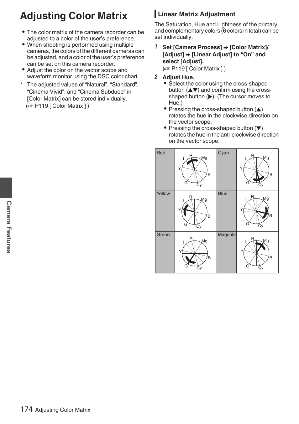 Adjusting color matrix, Linear matrix adjustment, Camera features | JVC GY-HC900STU 2/3" HD Connected Cam Studio Camcorder (Body Only) User Manual | Page 174 / 236