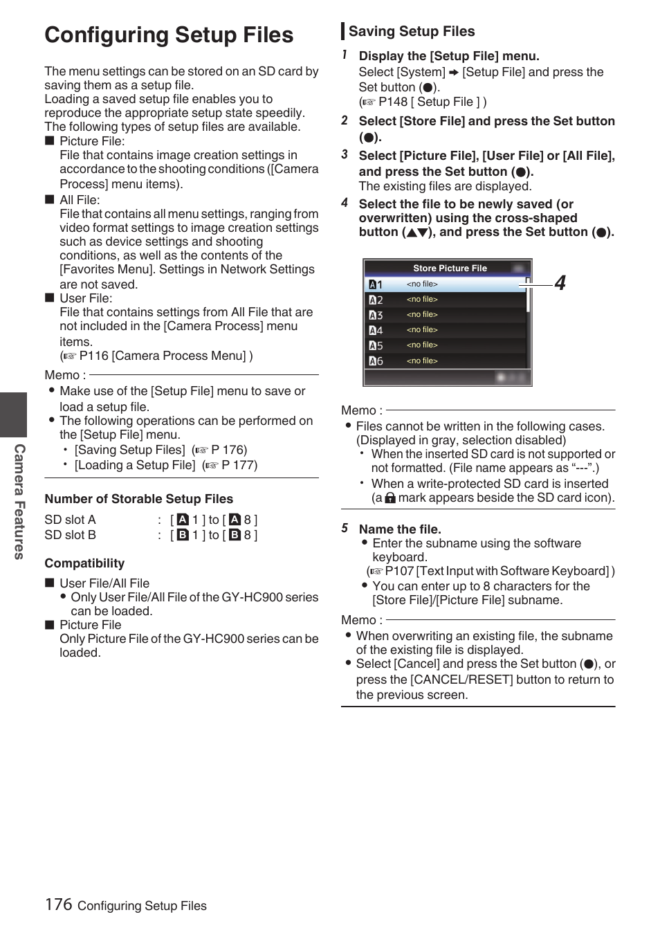 Configuring setup files, Saving setup files, P176 [configuring setup files] ) | P176 [saving setup files] ) | JVC GY-HC900STU 2/3" HD Connected Cam Studio Camcorder (Body Only) User Manual | Page 176 / 236