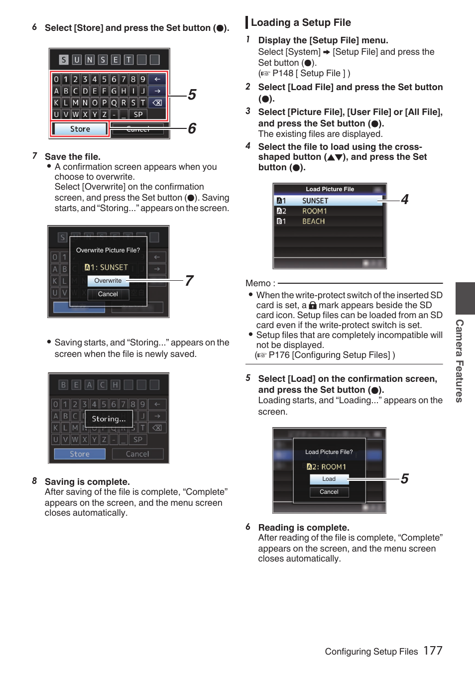 Loading a setup file, P177 [loading a setup file] ), P 177) | JVC GY-HC900STU 2/3" HD Connected Cam Studio Camcorder (Body Only) User Manual | Page 177 / 236