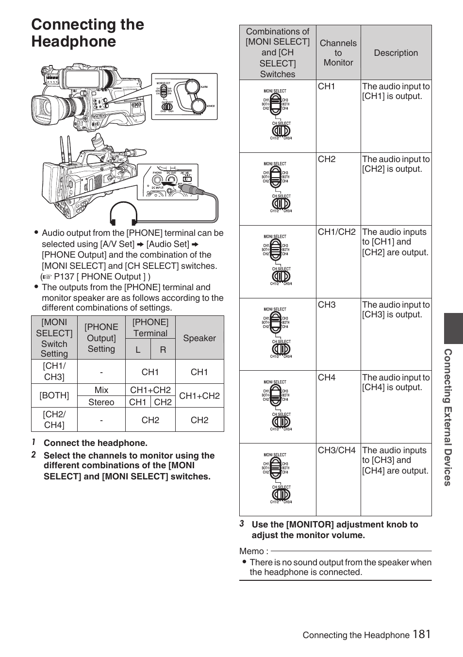 Connecting the headphone, P181 [connecting the headphone] ) | JVC GY-HC900STU 2/3" HD Connected Cam Studio Camcorder (Body Only) User Manual | Page 181 / 236
