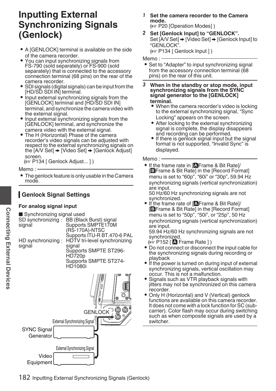 Inputting external synchronizing signals (genlock), Inputting external synchronizing signals, Genlock) | P182 [inputting external synchronizing, Signals (genlock)] ) | JVC GY-HC900STU 2/3" HD Connected Cam Studio Camcorder (Body Only) User Manual | Page 182 / 236