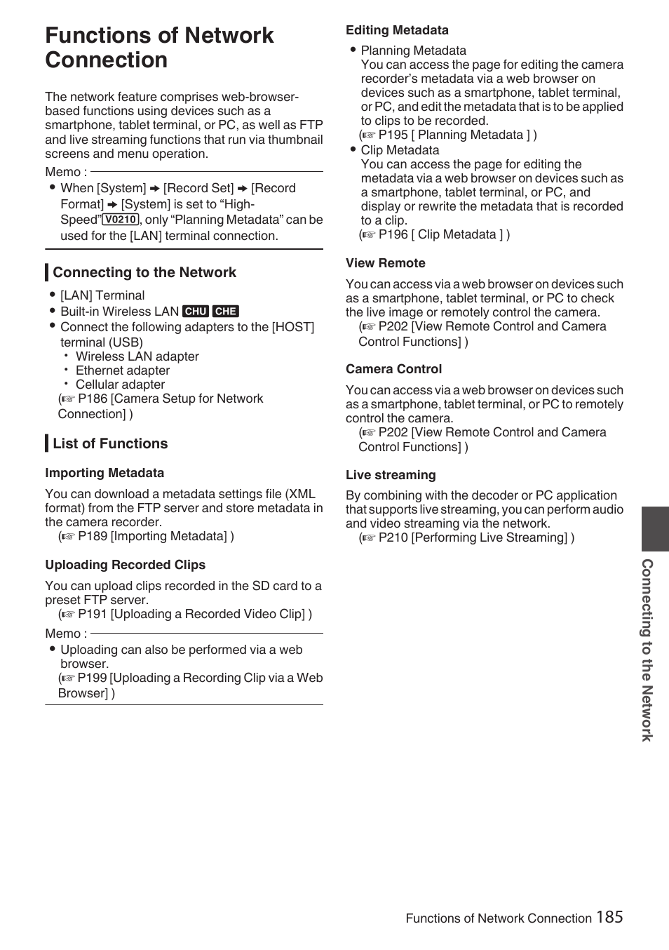 Connecting to the network, Functions of network connection | JVC GY-HC900STU 2/3" HD Connected Cam Studio Camcorder (Body Only) User Manual | Page 185 / 236