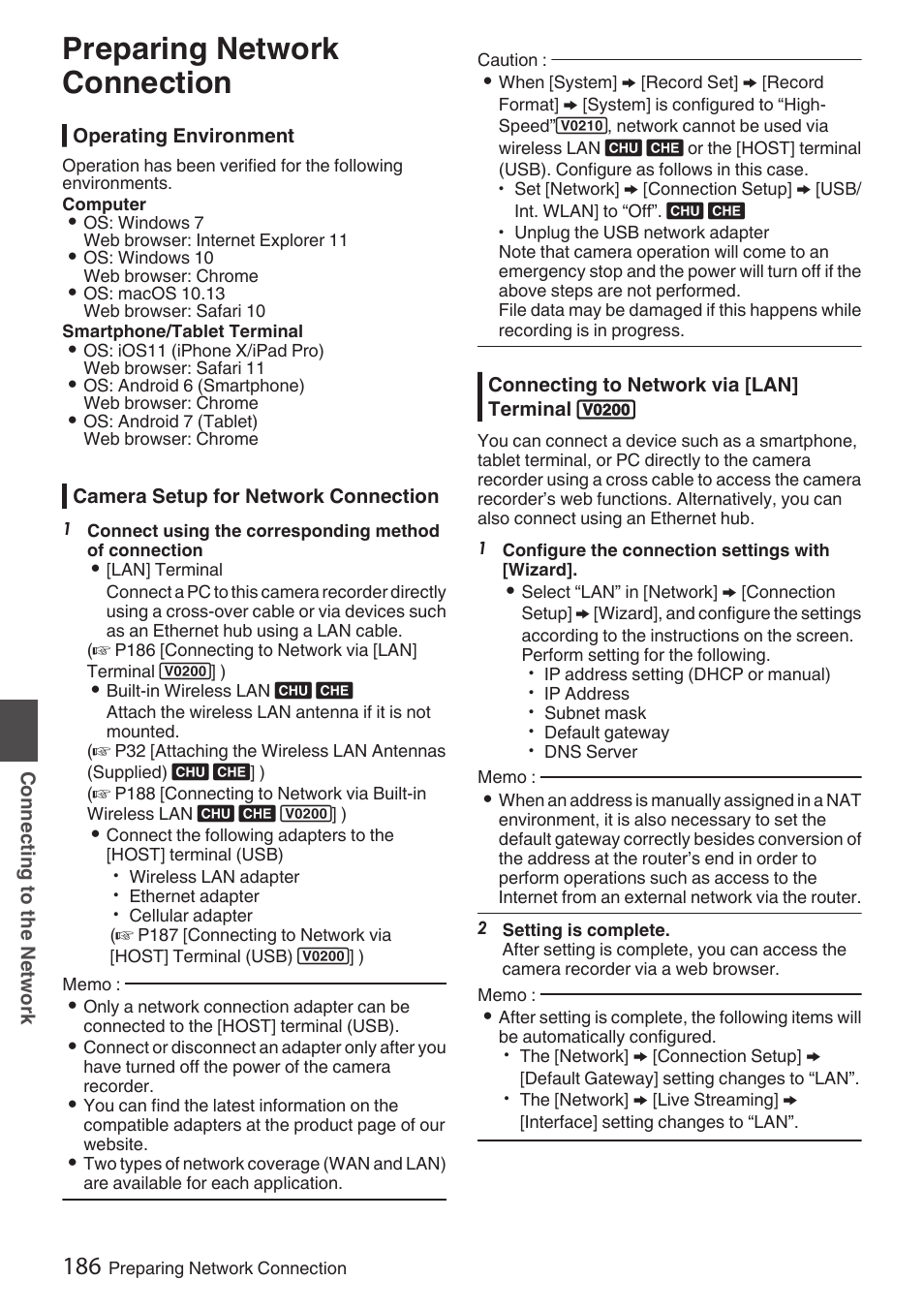 Preparing network connection, Operating environment, Camera setup for network connection | Connecting to network via [lan] terminal, P186 [camera setup for network, Connection] ) | JVC GY-HC900STU 2/3" HD Connected Cam Studio Camcorder (Body Only) User Manual | Page 186 / 236