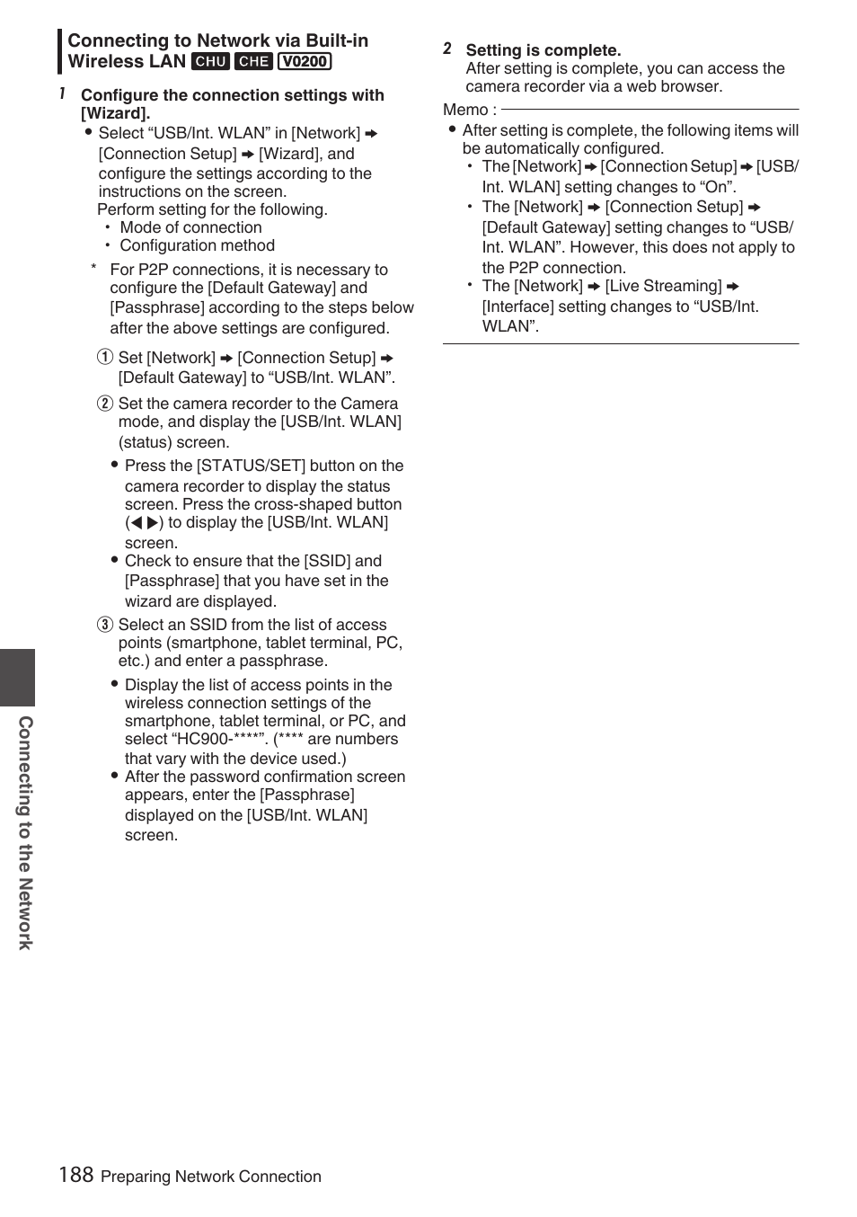Connecting to network via built-in wireless lan, P188 [connecting to network via built-in, Wireless lan | JVC GY-HC900STU 2/3" HD Connected Cam Studio Camcorder (Body Only) User Manual | Page 188 / 236