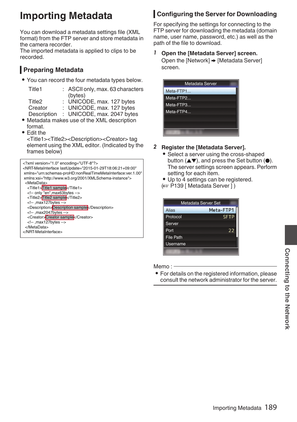 Importing metadata, Preparing metadata, Configuring the server for downloading | P189 [importing metadata] ) | JVC GY-HC900STU 2/3" HD Connected Cam Studio Camcorder (Body Only) User Manual | Page 189 / 236