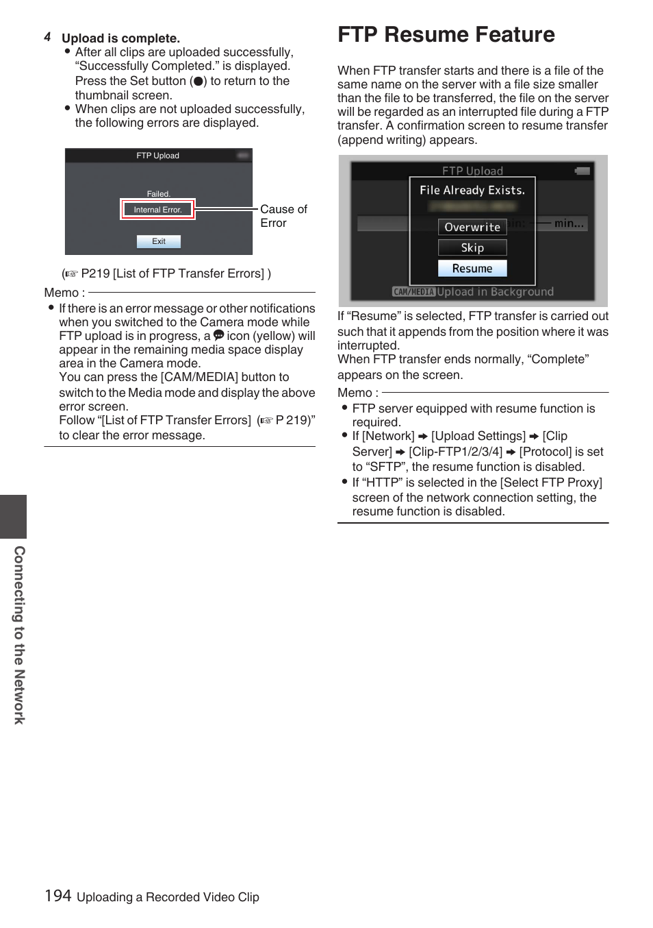 Ftp resume feature | JVC GY-HC900STU 2/3" HD Connected Cam Studio Camcorder (Body Only) User Manual | Page 194 / 236