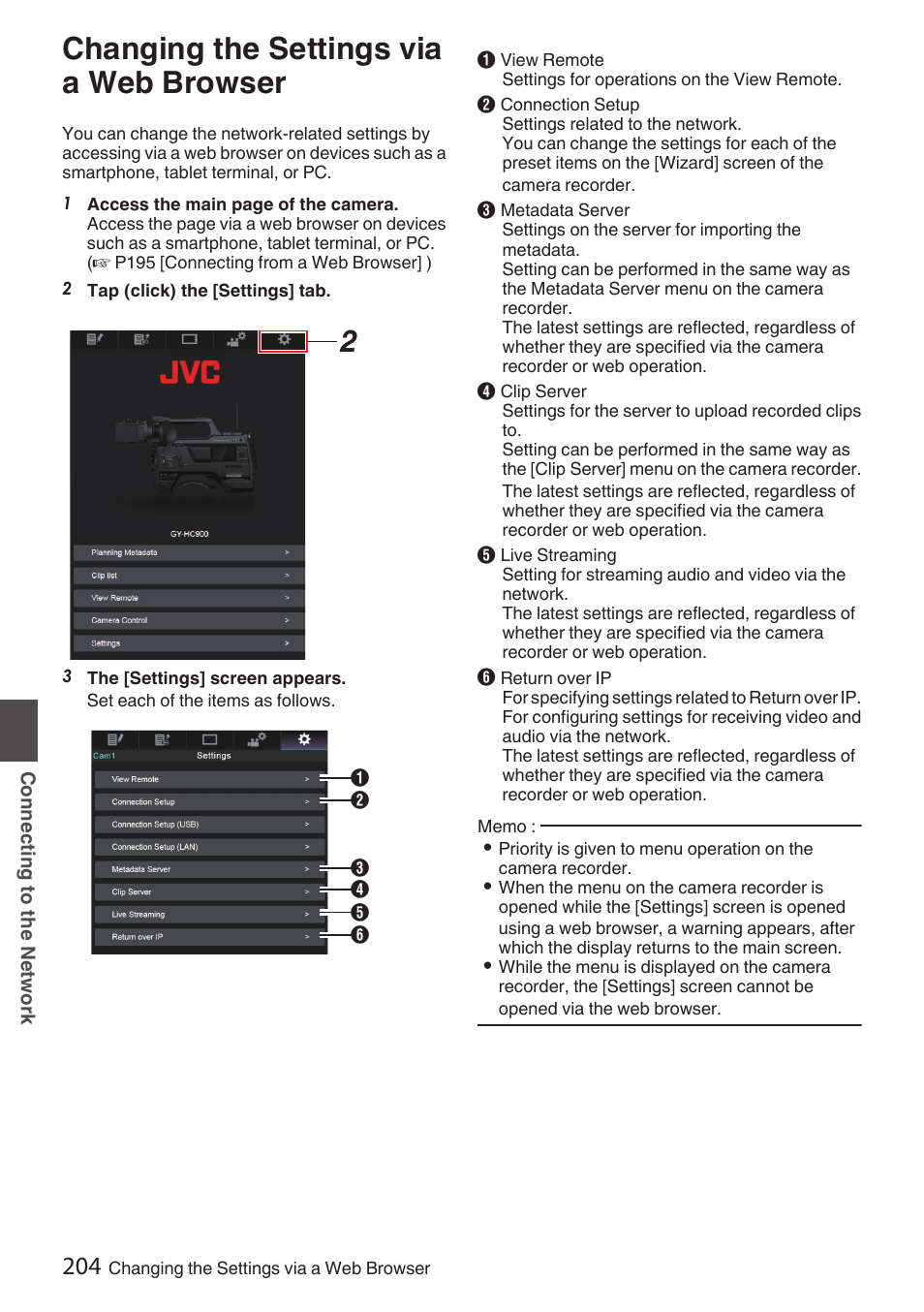 Changing the settings via a web browser | JVC GY-HC900STU 2/3" HD Connected Cam Studio Camcorder (Body Only) User Manual | Page 204 / 236