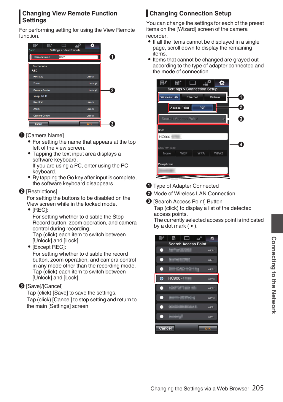 Changing view remote function settings, Changing connection setup, Changing view remote function settings . 205 | JVC GY-HC900STU 2/3" HD Connected Cam Studio Camcorder (Body Only) User Manual | Page 205 / 236