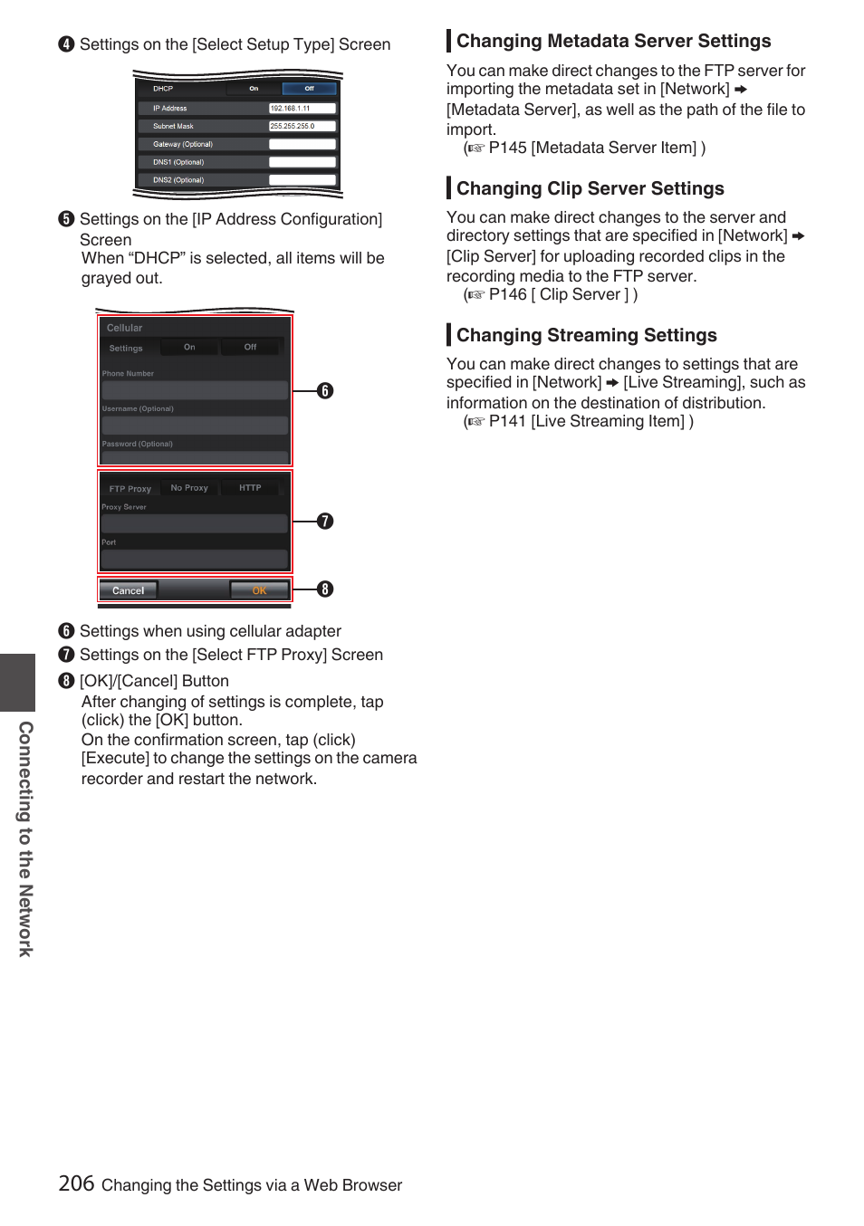 Changing metadata server settings, Changing clip server settings, Changing streaming settings | JVC GY-HC900STU 2/3" HD Connected Cam Studio Camcorder (Body Only) User Manual | Page 206 / 236