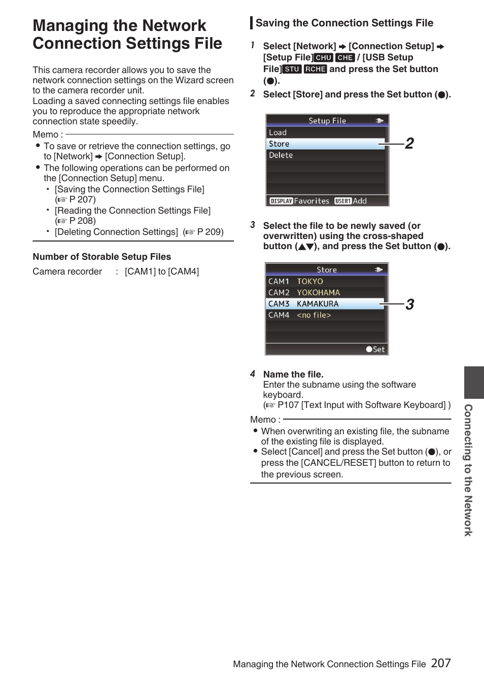 Managing the network connection settings file, Saving the connection settings file, P207 [saving the connection settings file] ) | JVC GY-HC900STU 2/3" HD Connected Cam Studio Camcorder (Body Only) User Manual | Page 207 / 236