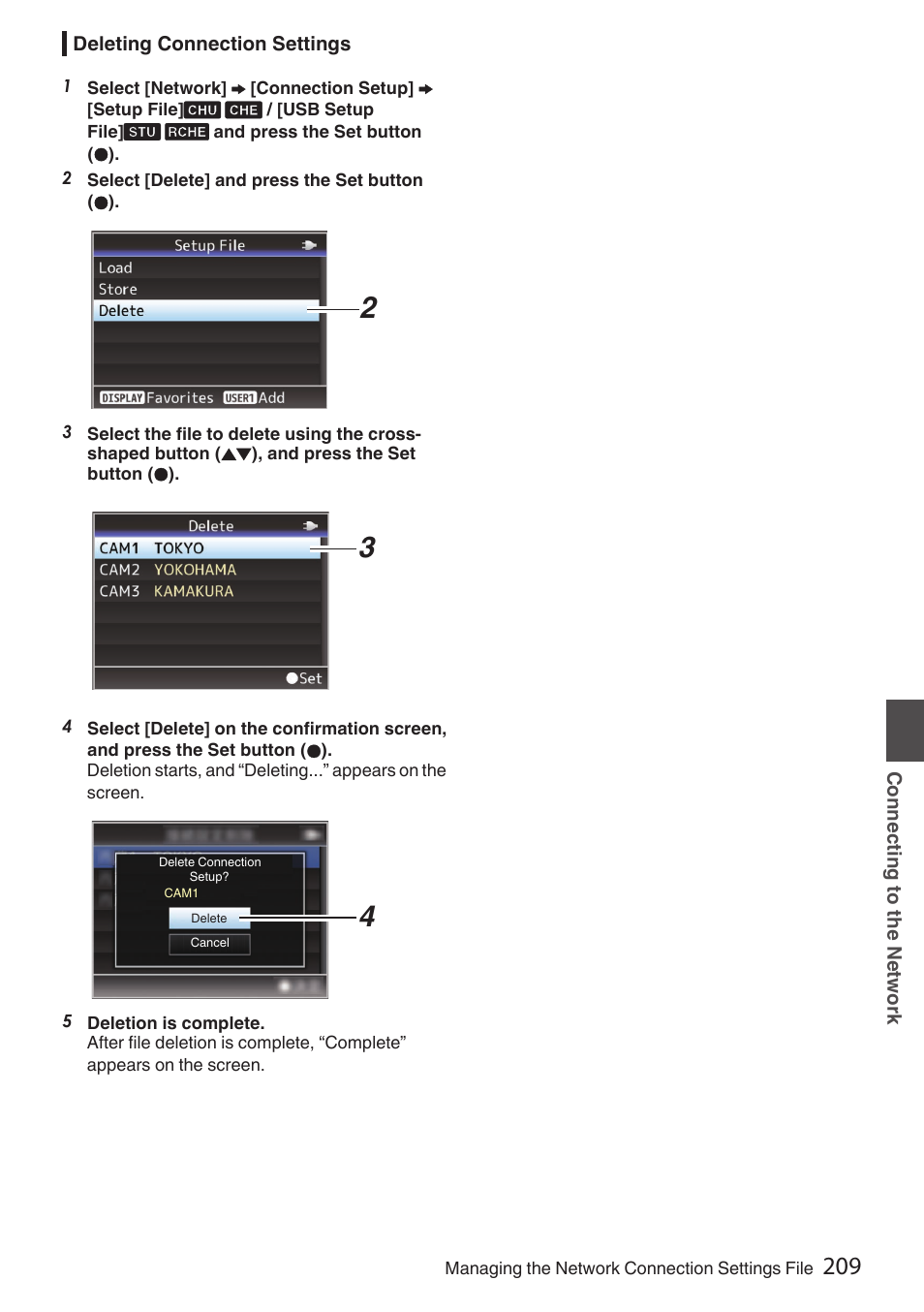 Deleting connection settings, P209 [deleting connection settings] ), P 209) | JVC GY-HC900STU 2/3" HD Connected Cam Studio Camcorder (Body Only) User Manual | Page 209 / 236