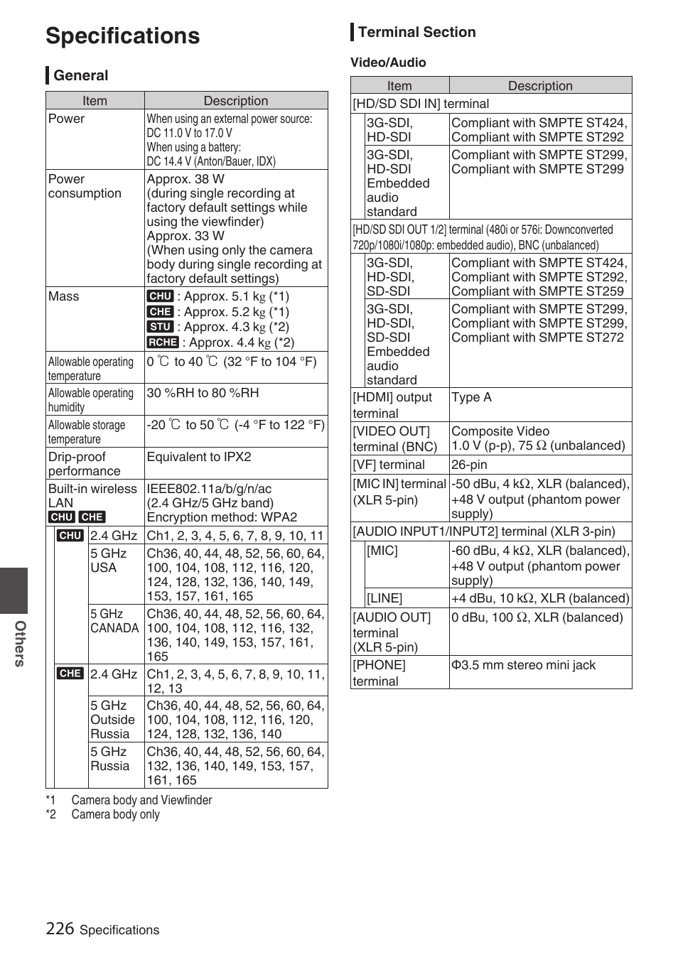 Specifications | JVC GY-HC900STU 2/3" HD Connected Cam Studio Camcorder (Body Only) User Manual | Page 226 / 236