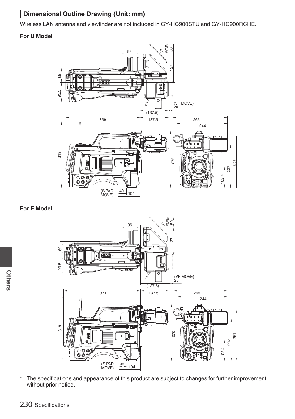 Dimensional outline drawing (unit: mm), Others, For e model | Specifications | JVC GY-HC900STU 2/3" HD Connected Cam Studio Camcorder (Body Only) User Manual | Page 230 / 236