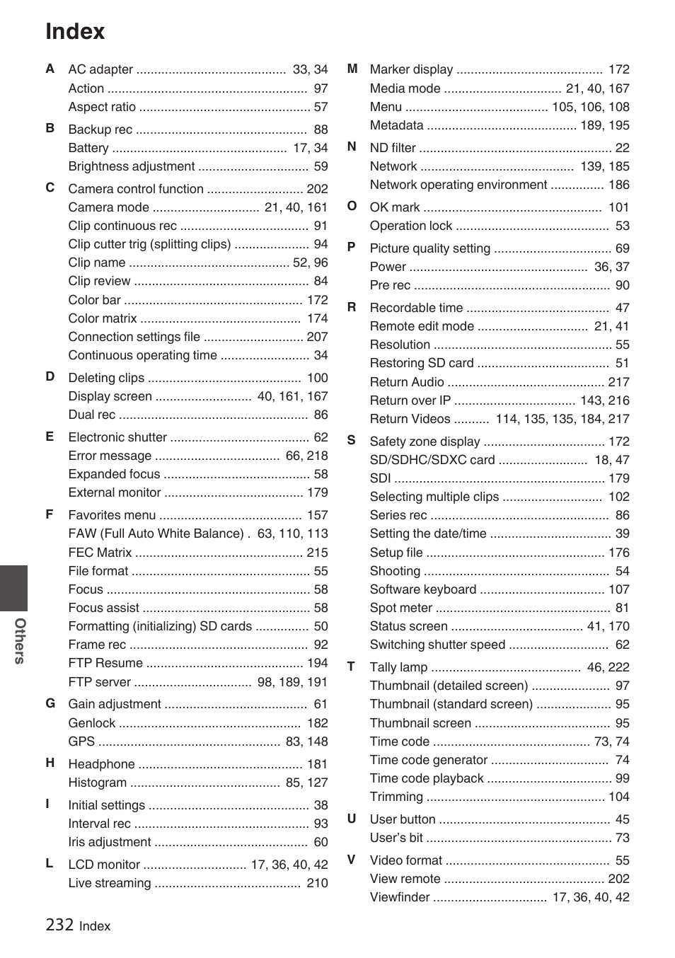 Index | JVC GY-HC900STU 2/3" HD Connected Cam Studio Camcorder (Body Only) User Manual | Page 232 / 236