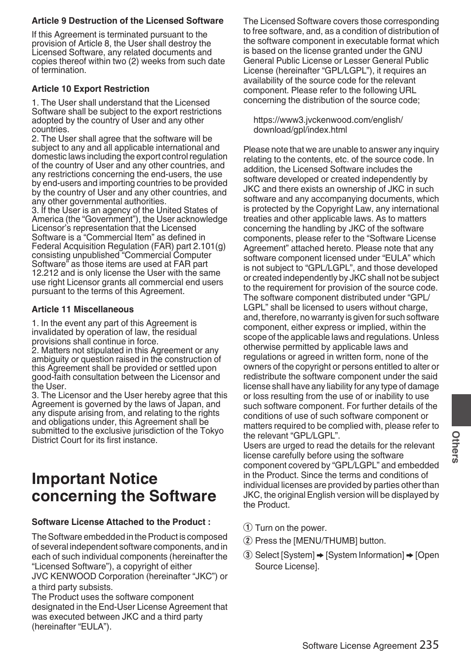 Important notice concerning the software, To read the “[important notice concerning the, Software | P 235)” to be provided separately | JVC GY-HC900STU 2/3" HD Connected Cam Studio Camcorder (Body Only) User Manual | Page 235 / 236