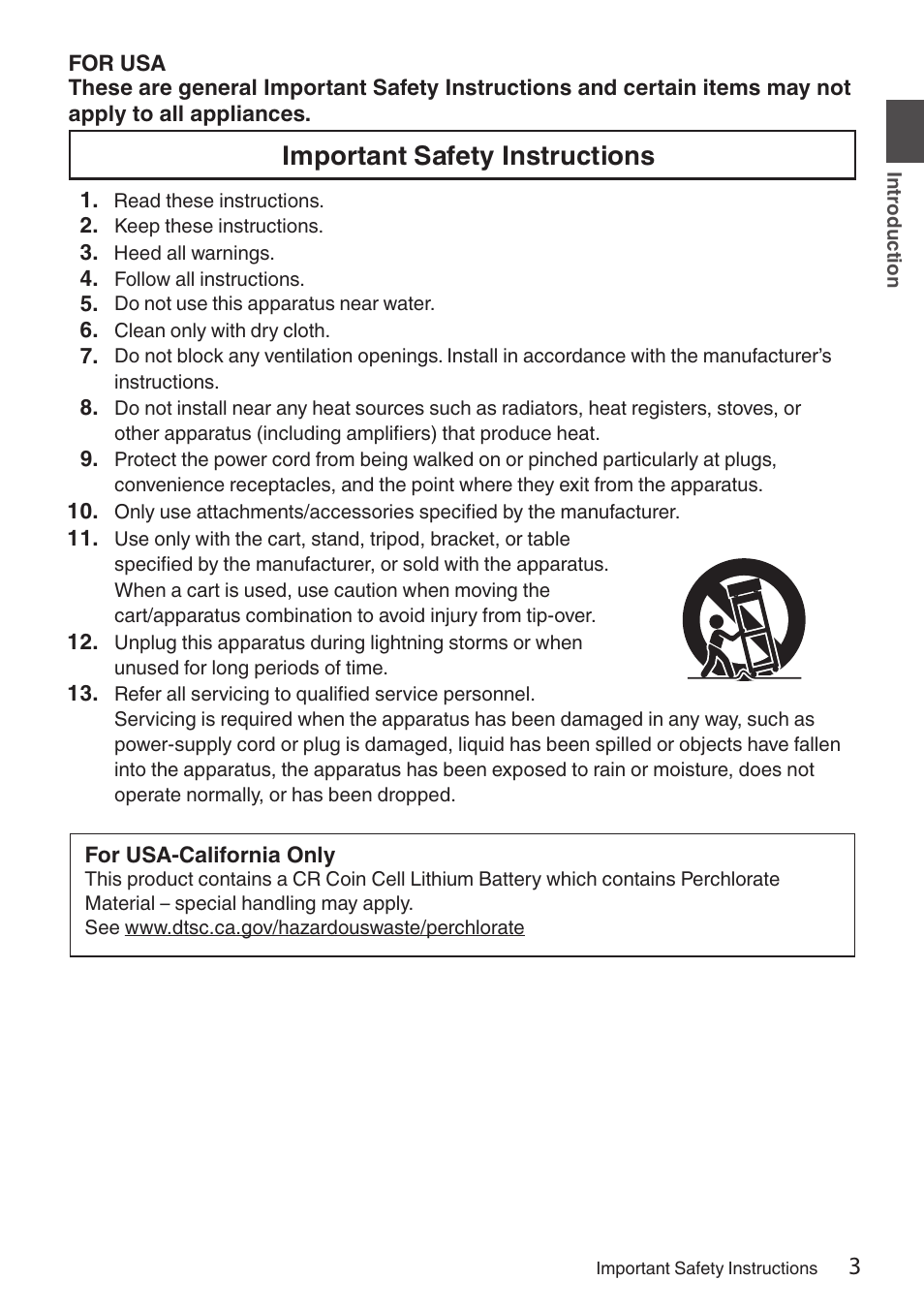 Introduction, Important safety instructions | JVC GY-HC900STU 2/3" HD Connected Cam Studio Camcorder (Body Only) User Manual | Page 3 / 236