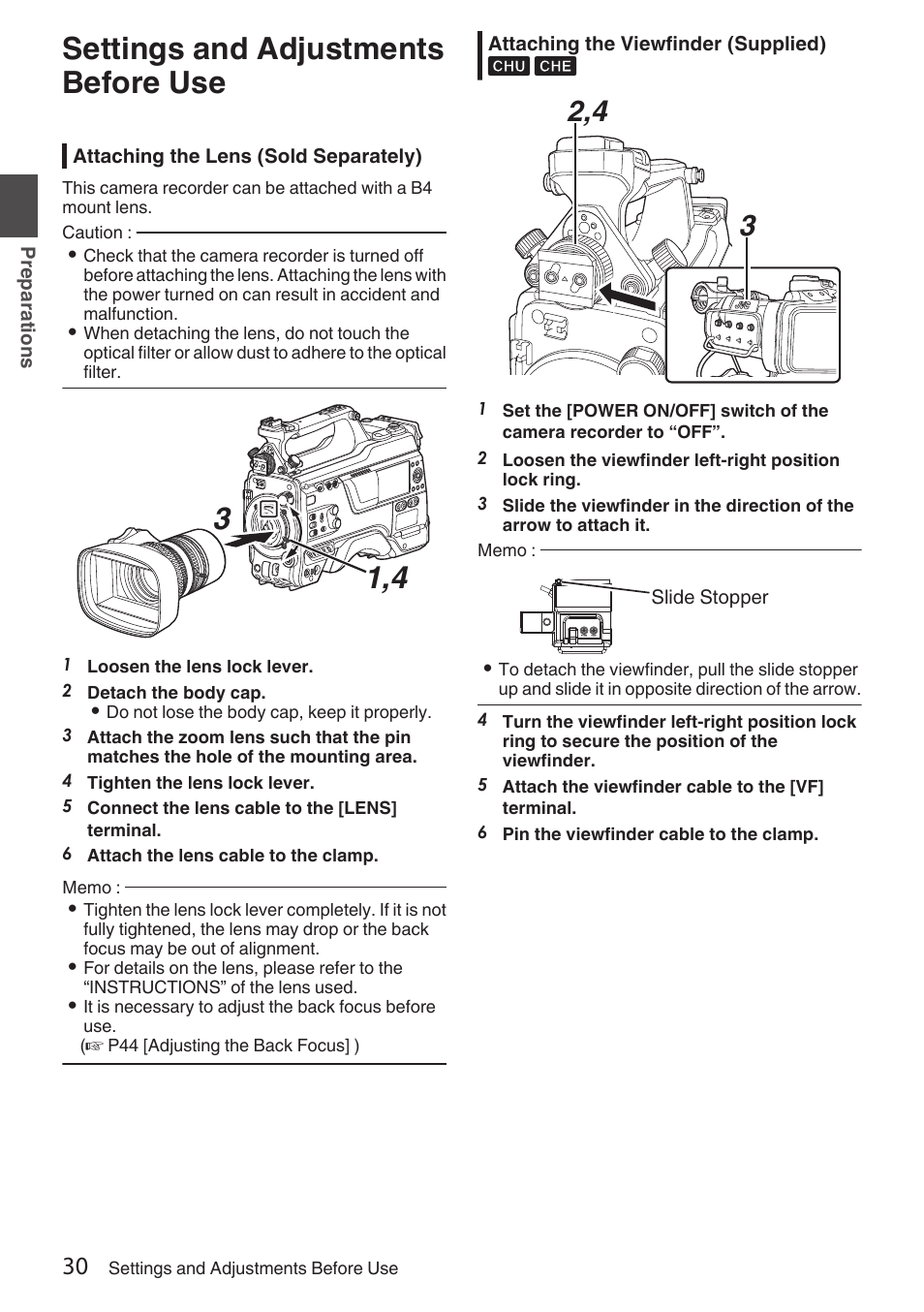 Preparations, Settings and adjustments before use, Attaching the lens (sold separately) | Attaching the viewfinder (supplied), P30 [attaching the viewfinder (supplied), P30 [attaching the lens (sold, Separately)] ) | JVC GY-HC900STU 2/3" HD Connected Cam Studio Camcorder (Body Only) User Manual | Page 30 / 236