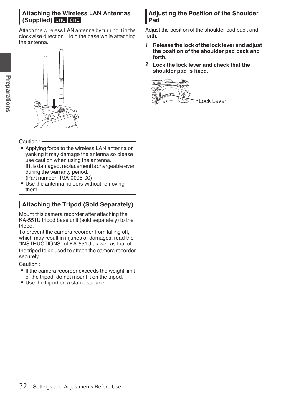 Attaching the wireless lan antennas (supplied), Attaching the tripod (sold separately), Adjusting the position of the shoulder pad | Attaching the wireless lan antennas, Supplied), P32 [adjusting the position of the, Shoulder pad] ), P32 [attaching the wireless lan, Antennas (supplied) | JVC GY-HC900STU 2/3" HD Connected Cam Studio Camcorder (Body Only) User Manual | Page 32 / 236