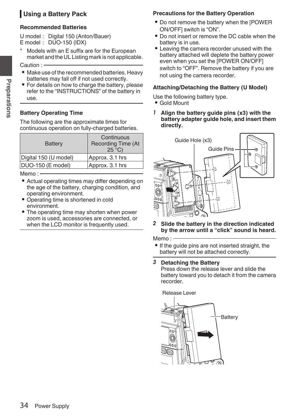 Using a battery pack, P34 [using a battery pack] ), In [using a battery pack | P 34) | JVC GY-HC900STU 2/3" HD Connected Cam Studio Camcorder (Body Only) User Manual | Page 34 / 236