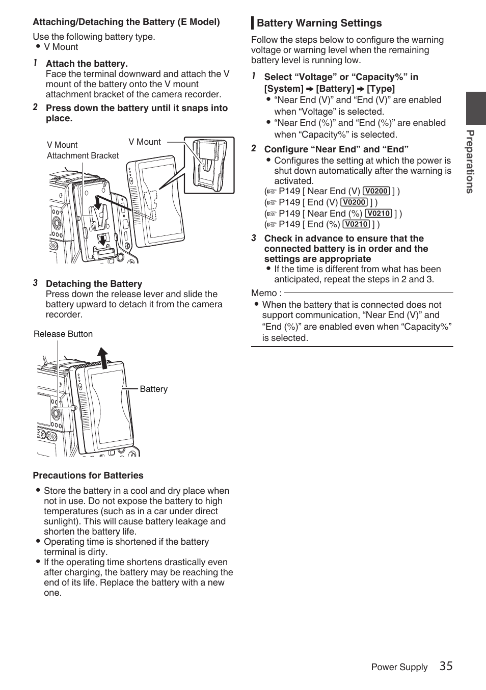 Battery warning settings | JVC GY-HC900STU 2/3" HD Connected Cam Studio Camcorder (Body Only) User Manual | Page 35 / 236