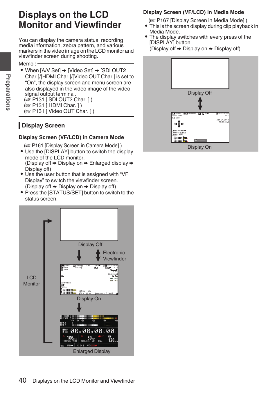 Displays on the lcd monitor and viewfinder, Display screen, P40 [display screen] ) | Pr ep ar ati ons | JVC GY-HC900STU 2/3" HD Connected Cam Studio Camcorder (Body Only) User Manual | Page 40 / 236