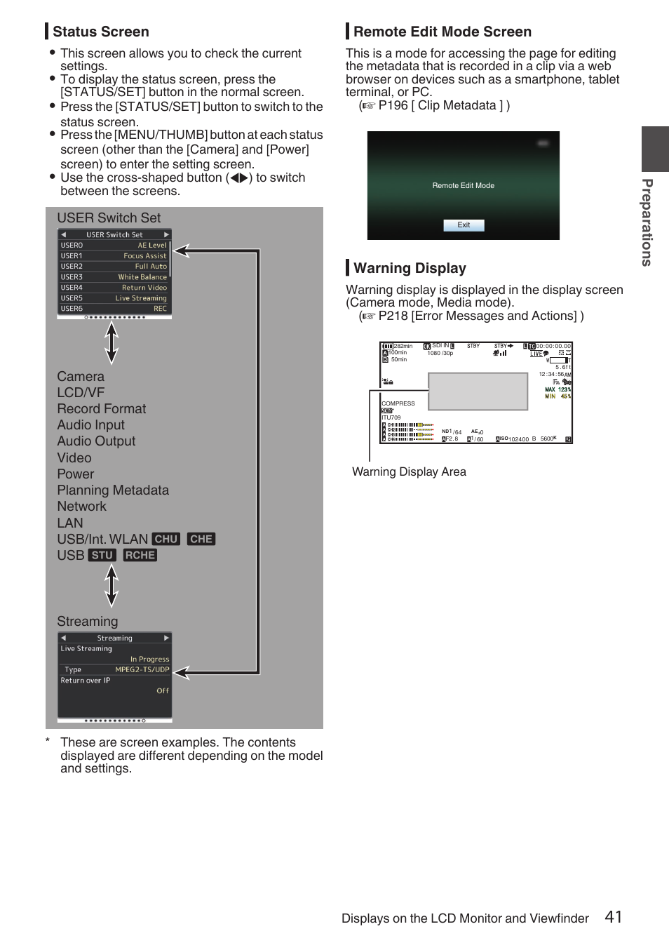 Status screen, Remote edit mode screen, Warning display | Status screen 0, Pr ep ar ati ons | JVC GY-HC900STU 2/3" HD Connected Cam Studio Camcorder (Body Only) User Manual | Page 41 / 236