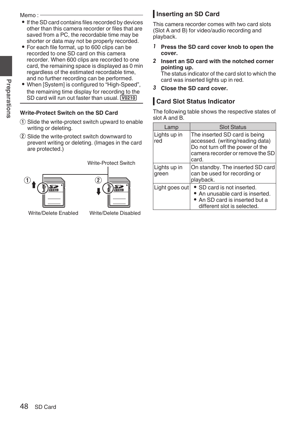 Inserting an sd card, P48 [inserting an sd card] ) | JVC GY-HC900STU 2/3" HD Connected Cam Studio Camcorder (Body Only) User Manual | Page 48 / 236