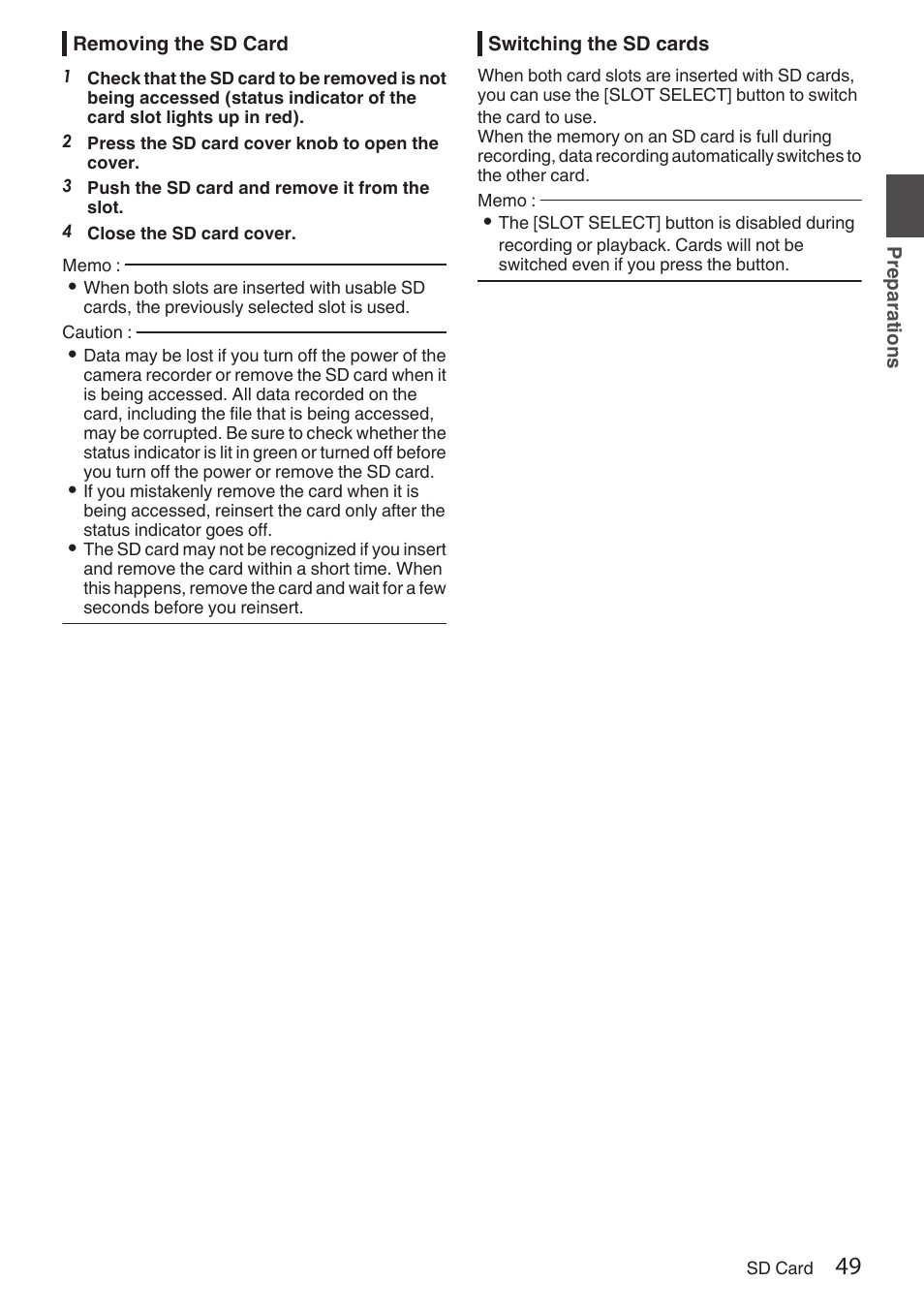 Removing the sd card, Switching the sd cards | JVC GY-HC900STU 2/3" HD Connected Cam Studio Camcorder (Body Only) User Manual | Page 49 / 236