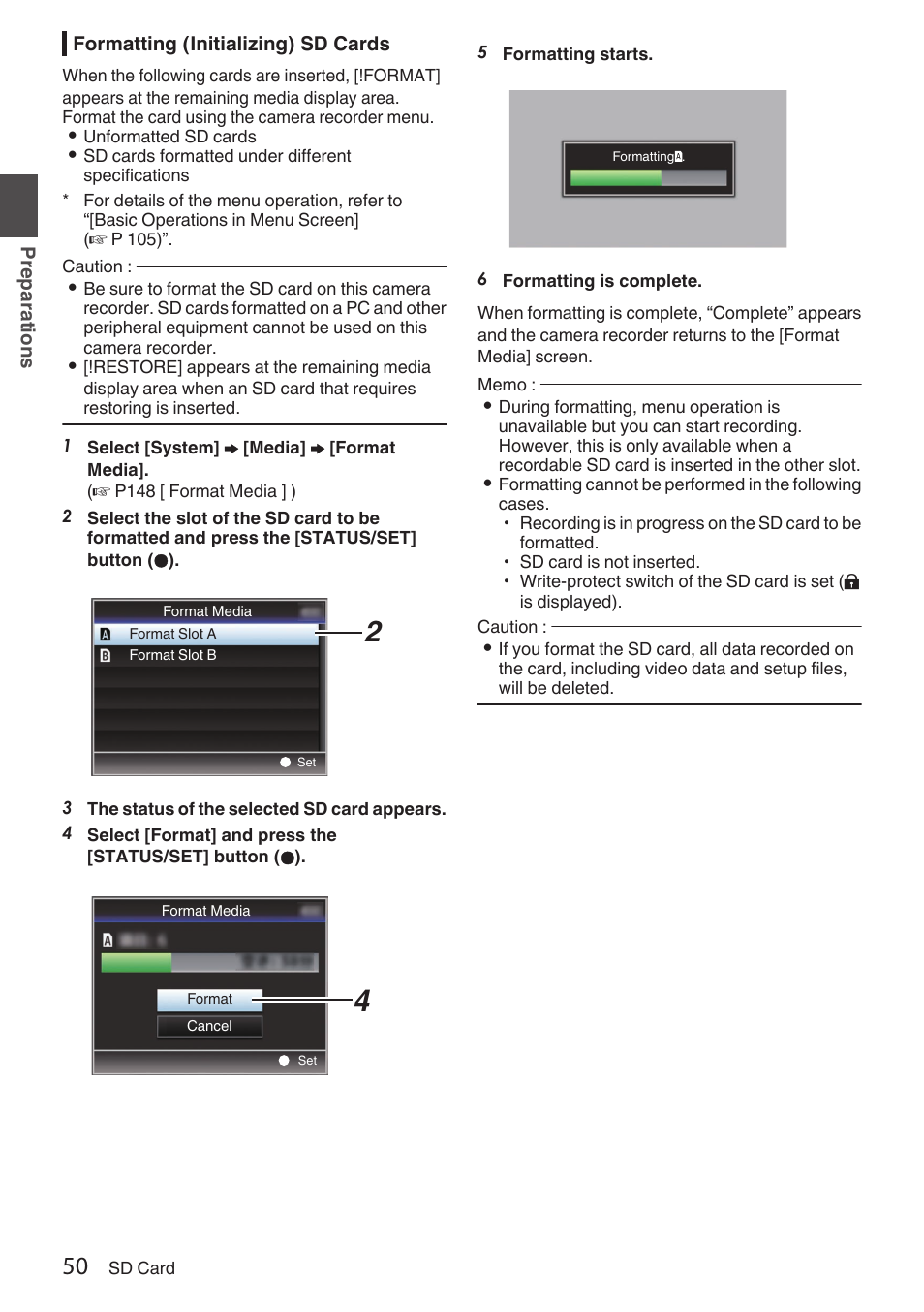 Formatting (initializing) sd cards | JVC GY-HC900STU 2/3" HD Connected Cam Studio Camcorder (Body Only) User Manual | Page 50 / 236