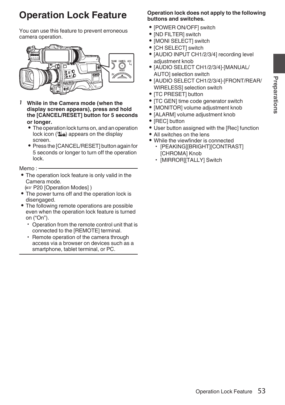 Operation lock feature | JVC GY-HC900STU 2/3" HD Connected Cam Studio Camcorder (Body Only) User Manual | Page 53 / 236