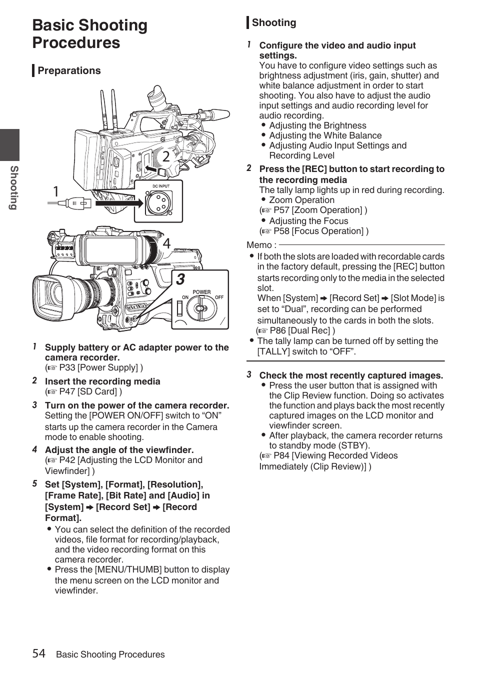 Shooting, Basic shooting procedures | JVC GY-HC900STU 2/3" HD Connected Cam Studio Camcorder (Body Only) User Manual | Page 54 / 236