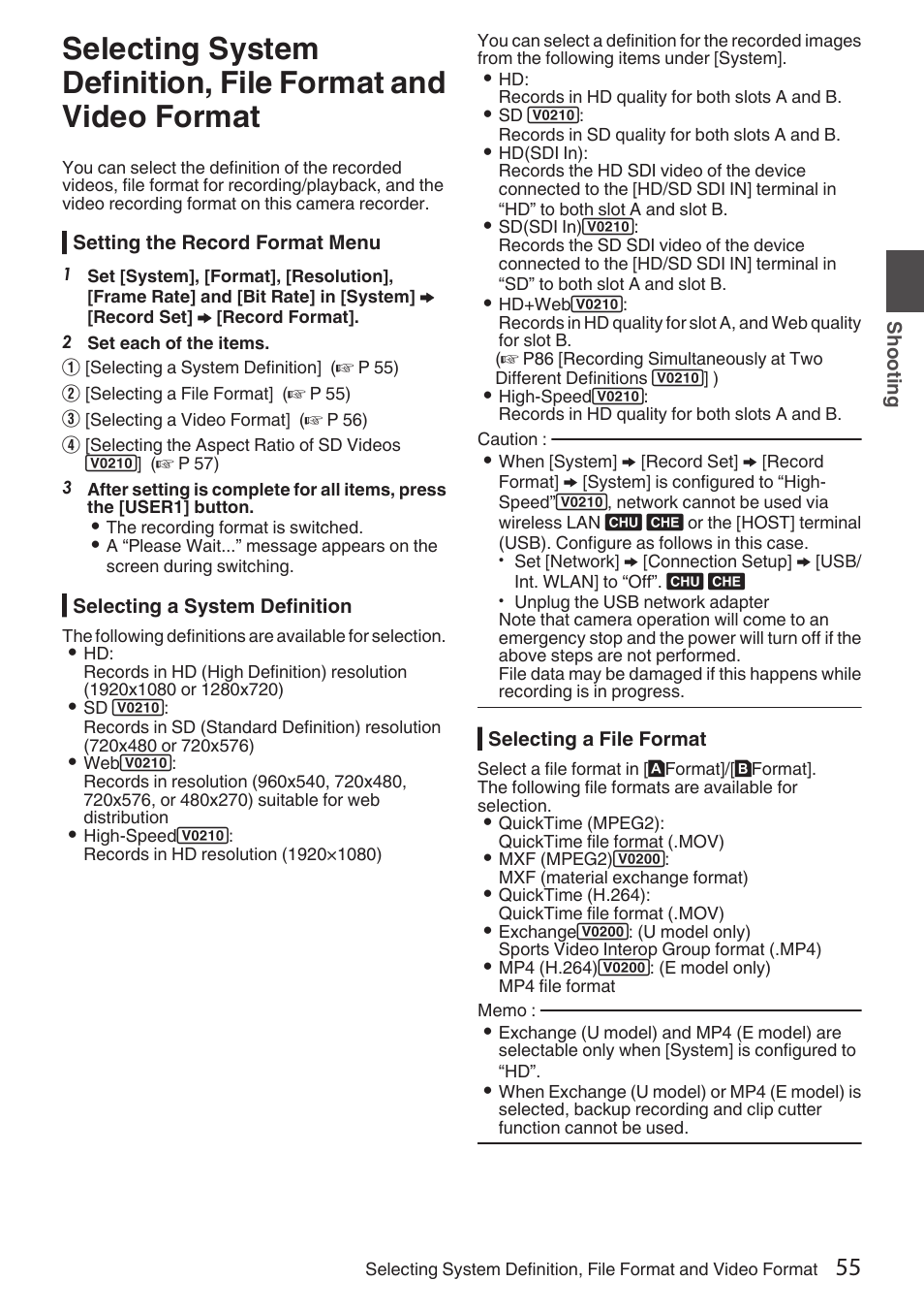 Selecting system definition, file format and video, Format | JVC GY-HC900STU 2/3" HD Connected Cam Studio Camcorder (Body Only) User Manual | Page 55 / 236