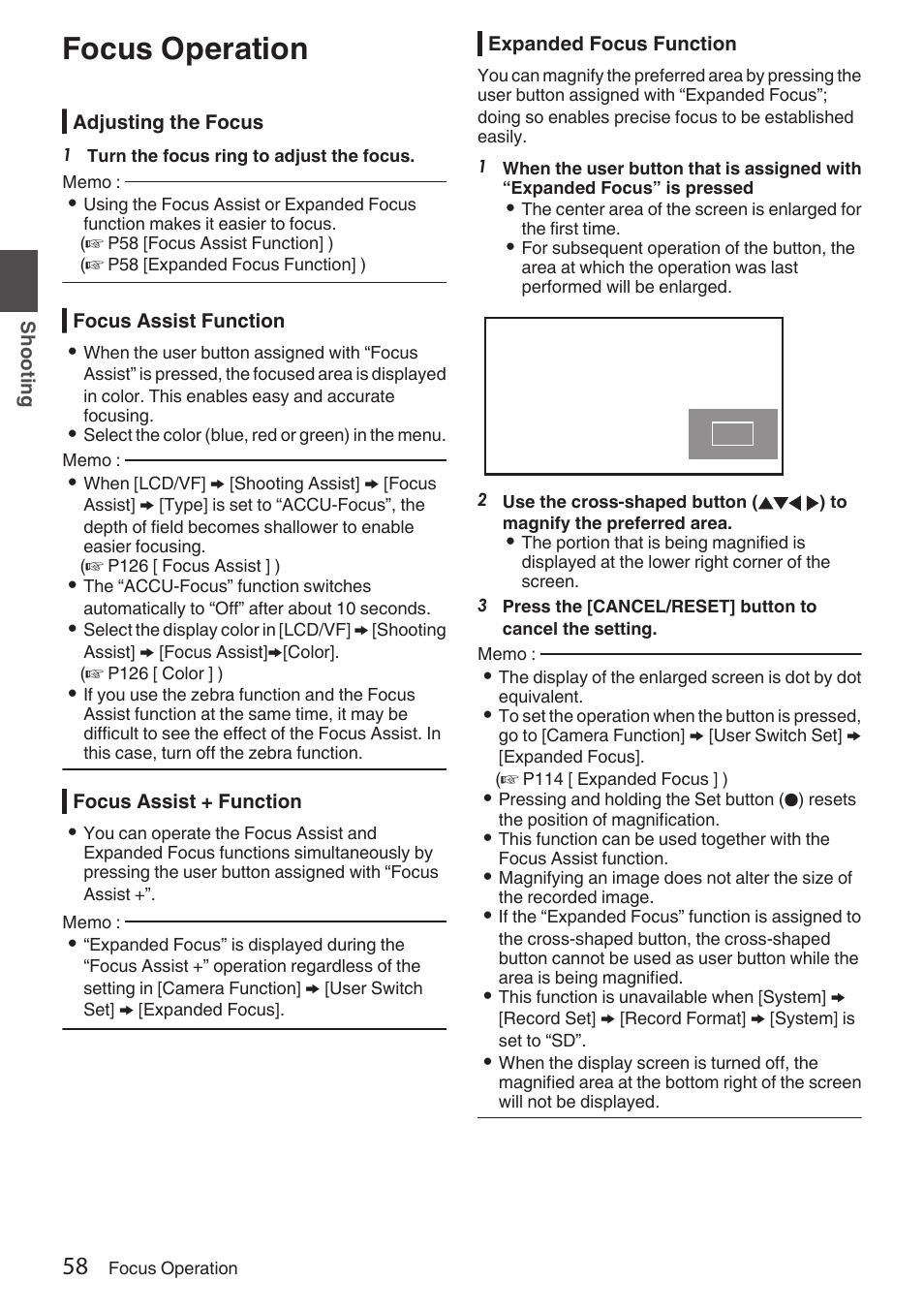 Focus operation, P58 [focus operation] ) | JVC GY-HC900STU 2/3" HD Connected Cam Studio Camcorder (Body Only) User Manual | Page 58 / 236