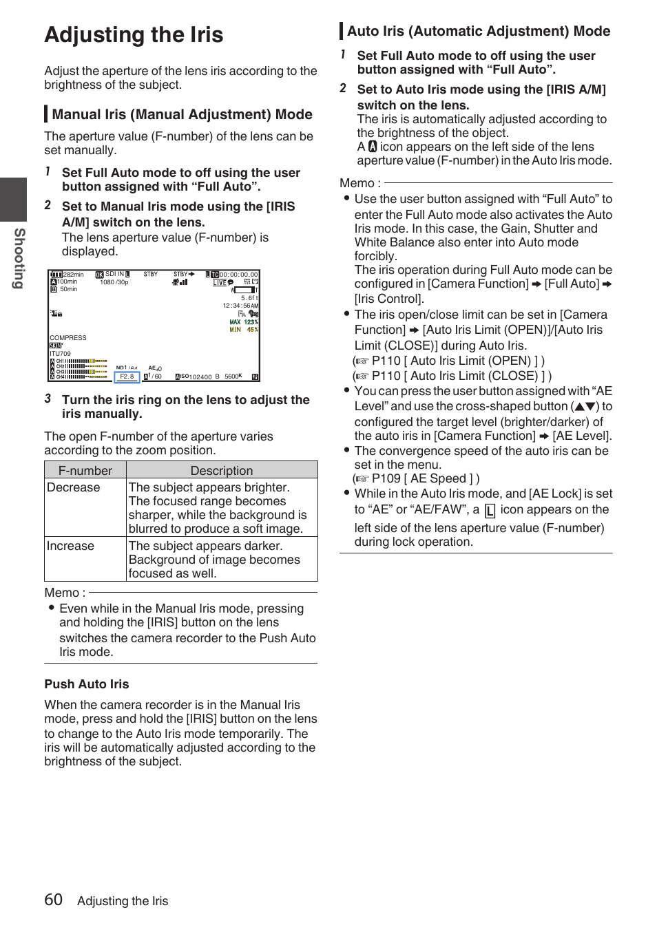 Adjusting the iris, P 60) | JVC GY-HC900STU 2/3" HD Connected Cam Studio Camcorder (Body Only) User Manual | Page 60 / 236