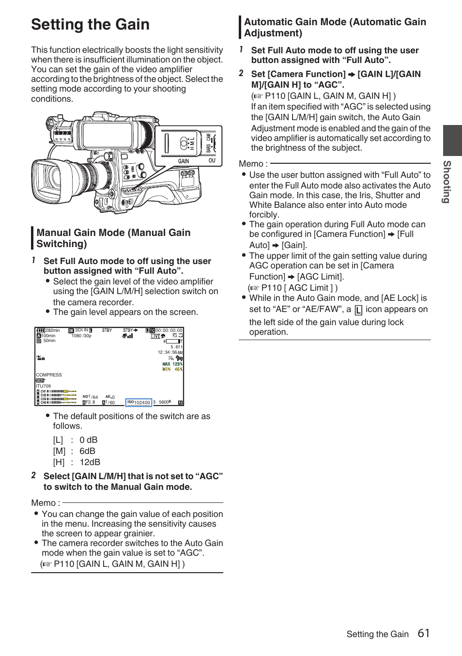 Setting the gain, P61 [setting the gain] ), P 61) | Manual gain mode (manual gain switching), Automatic gain mode (automatic gain adjustment), Sh ooting | JVC GY-HC900STU 2/3" HD Connected Cam Studio Camcorder (Body Only) User Manual | Page 61 / 236