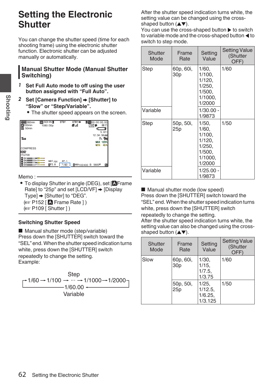 Setting the electronic shutter, P62 [setting the electronic shutter] ), P 62) | JVC GY-HC900STU 2/3" HD Connected Cam Studio Camcorder (Body Only) User Manual | Page 62 / 236