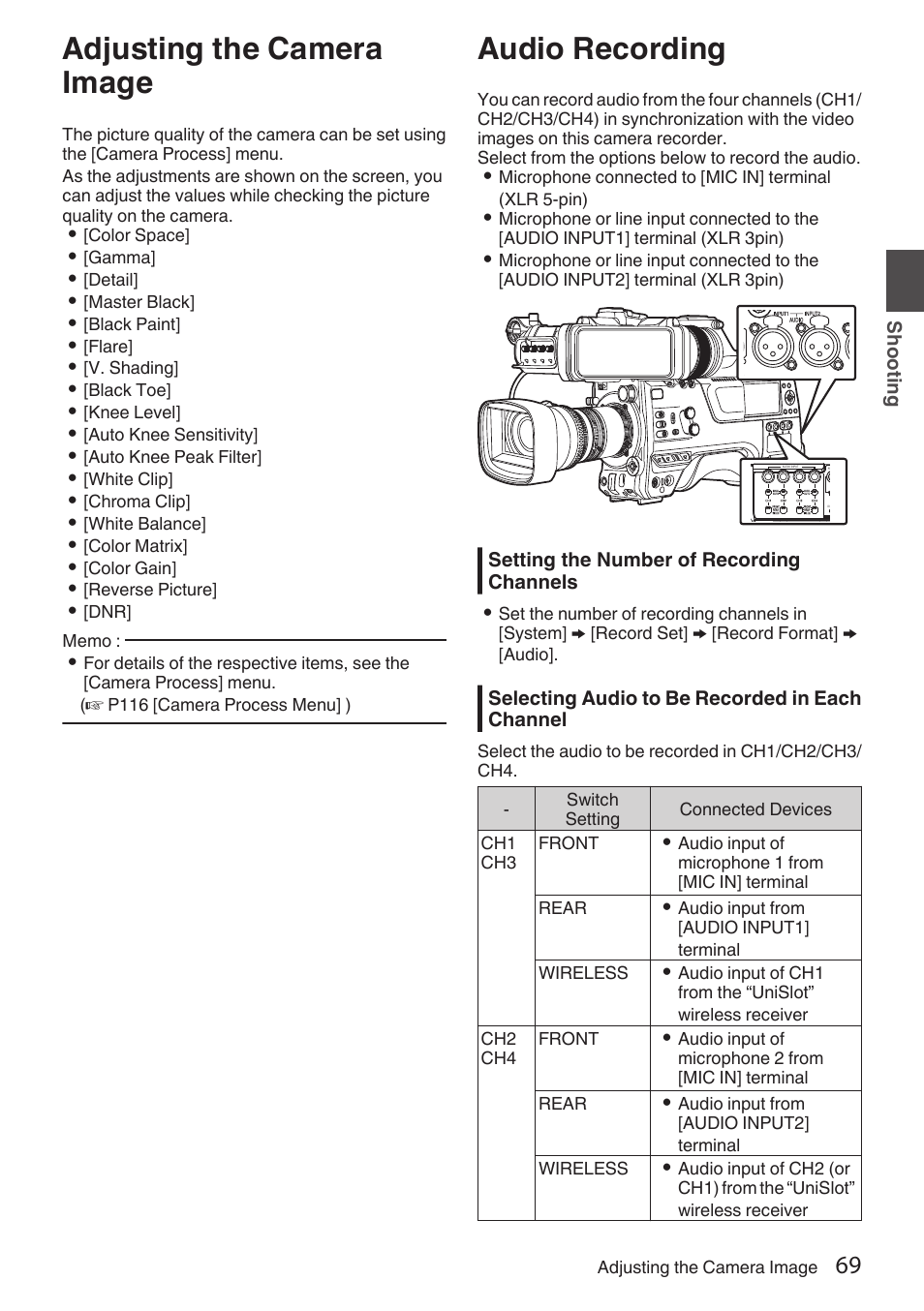 Adjusting the camera image, Audio recording, P69 [audio recording] ) | JVC GY-HC900STU 2/3" HD Connected Cam Studio Camcorder (Body Only) User Manual | Page 69 / 236