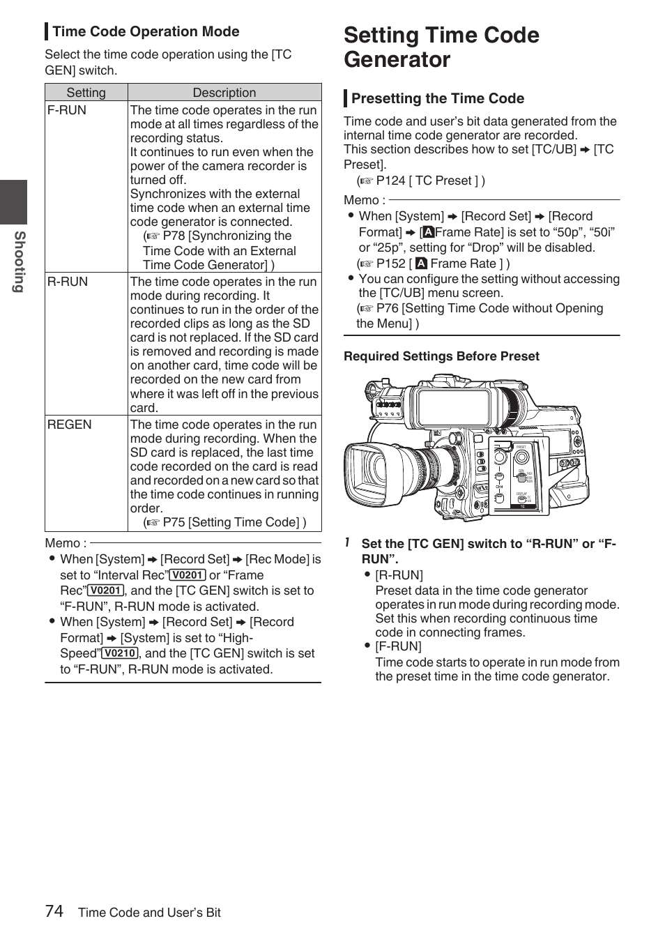 Setting time code generator, P74 [setting time code generator] ) | JVC GY-HC900STU 2/3" HD Connected Cam Studio Camcorder (Body Only) User Manual | Page 74 / 236