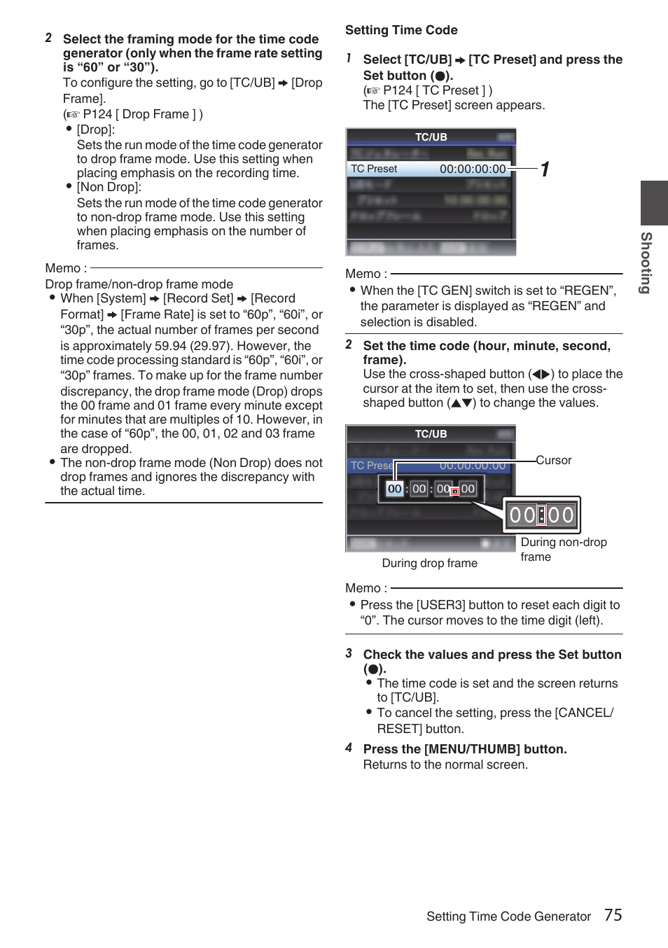 P75 [setting time code] ) | JVC GY-HC900STU 2/3" HD Connected Cam Studio Camcorder (Body Only) User Manual | Page 75 / 236