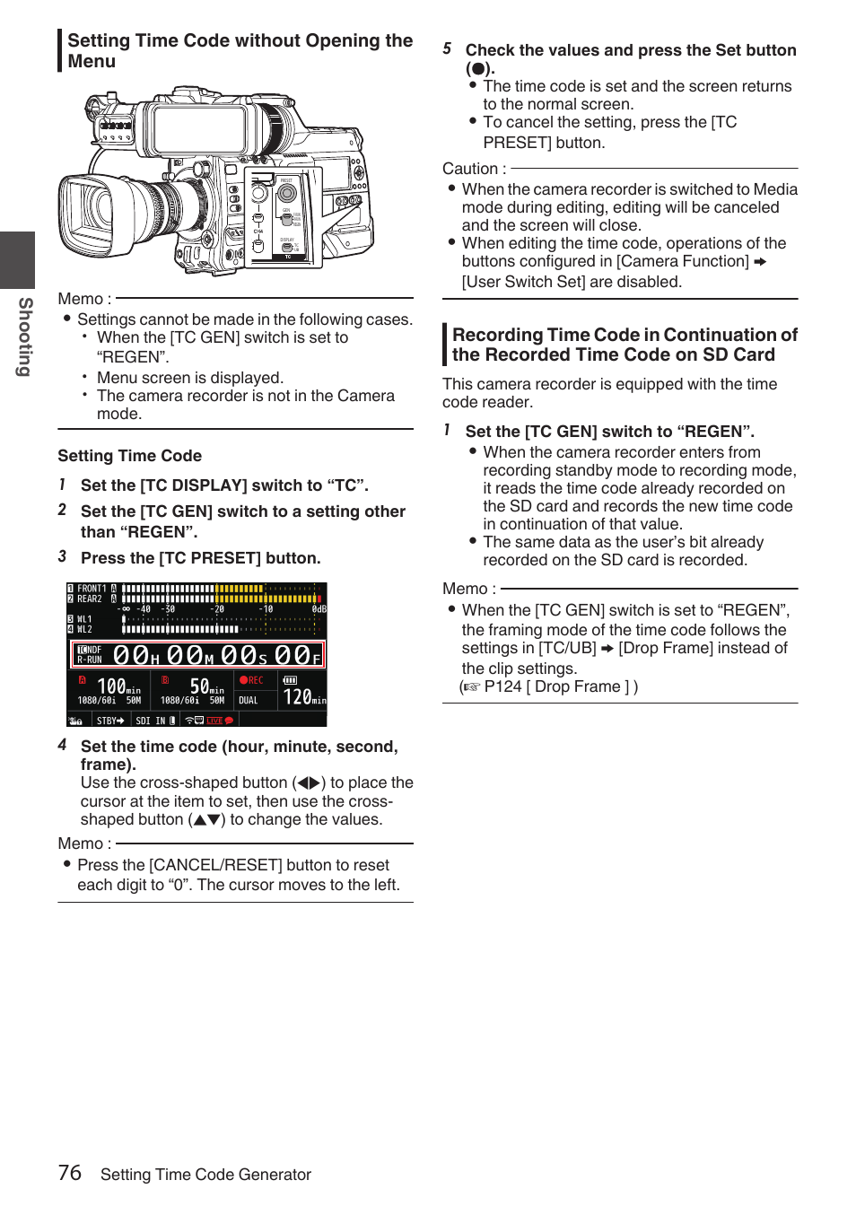 P76 [setting time code without opening, The menu] ) | JVC GY-HC900STU 2/3" HD Connected Cam Studio Camcorder (Body Only) User Manual | Page 76 / 236