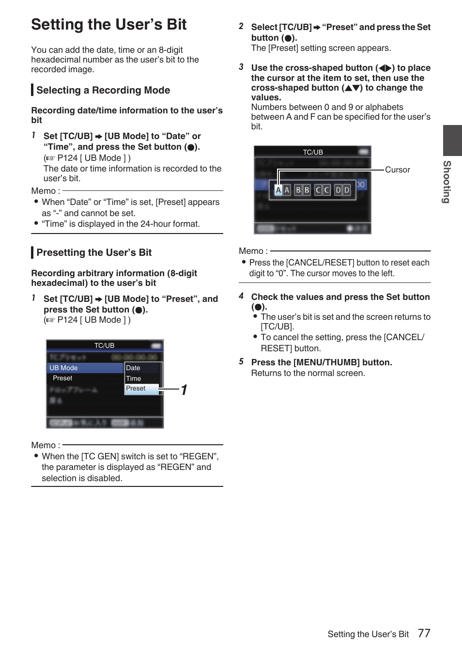 Setting the user’s bit | JVC GY-HC900STU 2/3" HD Connected Cam Studio Camcorder (Body Only) User Manual | Page 77 / 236