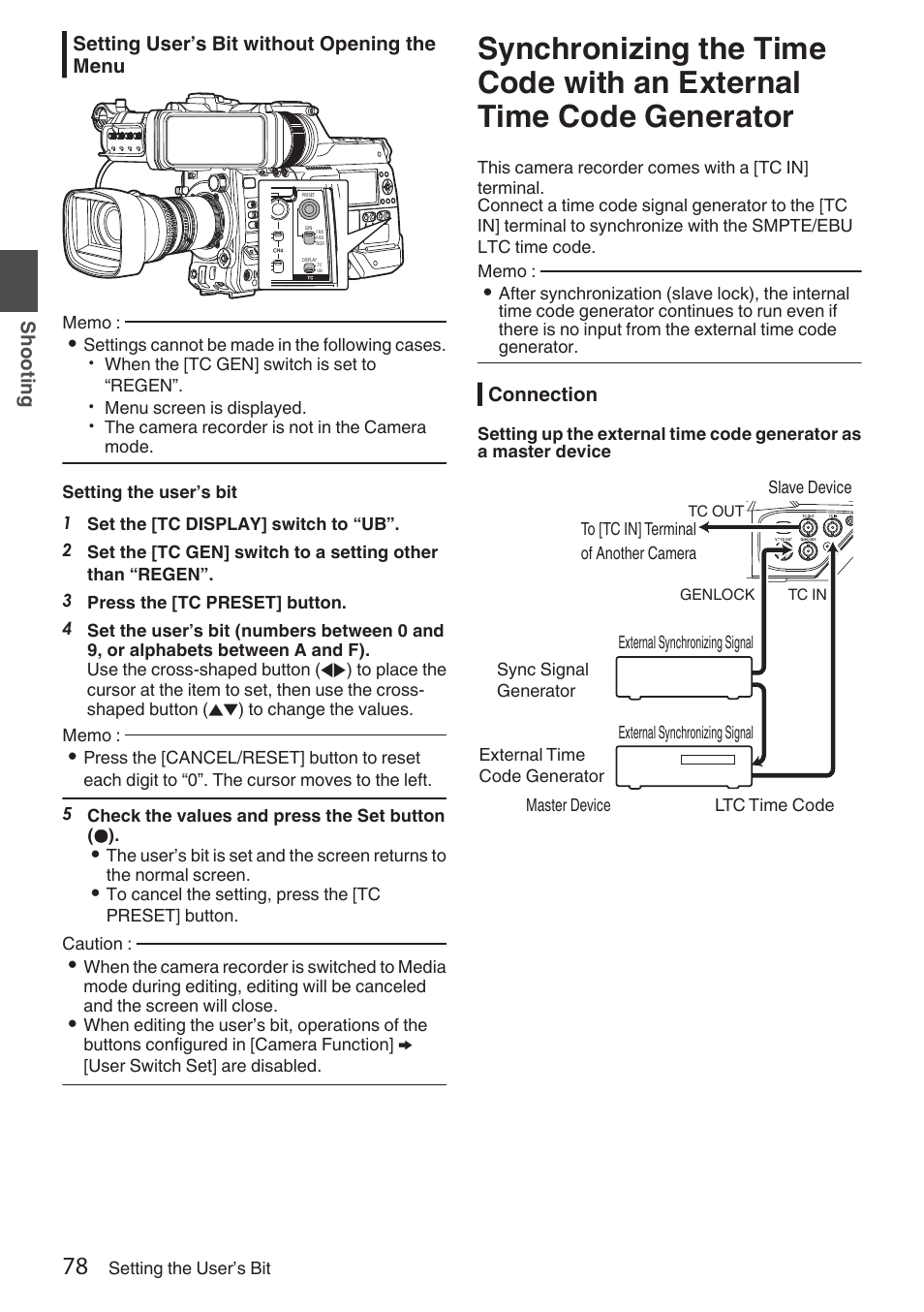 Synchronizing the time code with an external, Time code generator, P78 [synchronizing the time code with an | External time code generator] ), P78 [synchronizing the, Time code with an external, Time code generator] ) | JVC GY-HC900STU 2/3" HD Connected Cam Studio Camcorder (Body Only) User Manual | Page 78 / 236