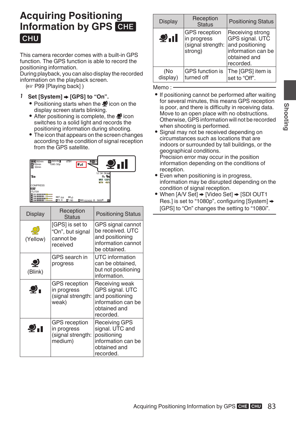 Acquiring positioning information by gps, Acquiring positioning information by gps v u, Sh ooting | JVC GY-HC900STU 2/3" HD Connected Cam Studio Camcorder (Body Only) User Manual | Page 83 / 236