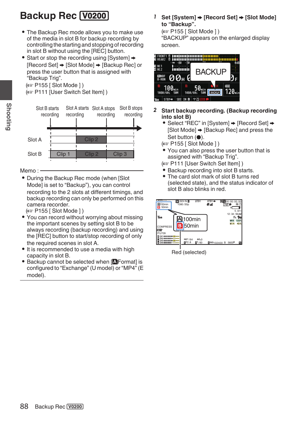 Backup rec, Backup rec 0, Backup | Sh ooting | JVC GY-HC900STU 2/3" HD Connected Cam Studio Camcorder (Body Only) User Manual | Page 88 / 236