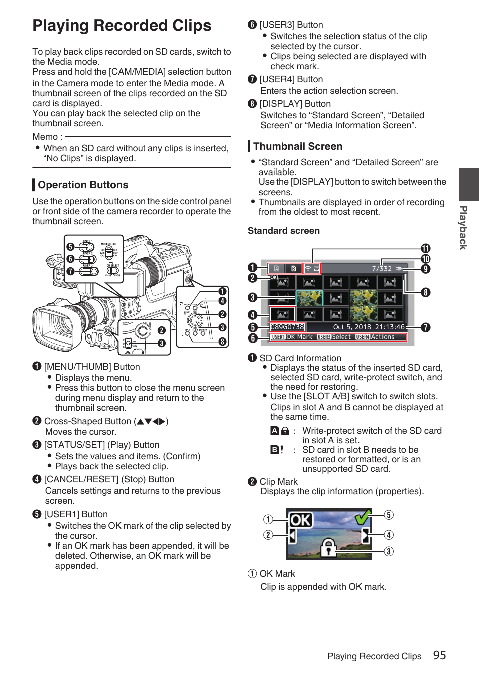 Playback, Playing recorded clips, Thumbnail screen | JVC GY-HC900STU 2/3" HD Connected Cam Studio Camcorder (Body Only) User Manual | Page 95 / 236